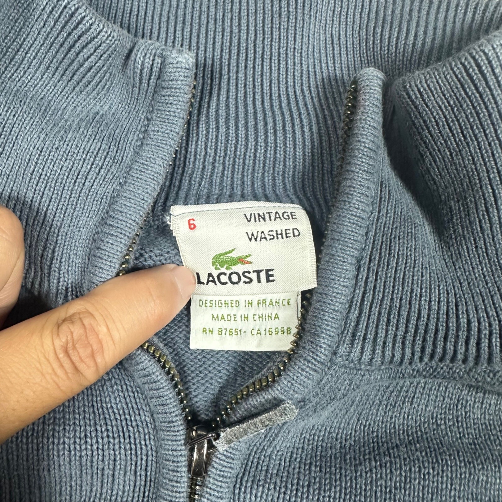 Lacoste Mens Vintage Washed Blue Quarter Zip Sweater Ribbed Size 6 L Preppy — image 6 of 8